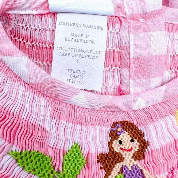 Southern Sunshine Classic Whimsy Mermaid Smocked Embroidered Pink Plaid Dress 6 - Picture 7 of 7